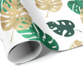 Papier Cadeau Elégant Tropical Gold & Green Monstera Feuilles (Coin rond)
