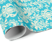Papier Cadeau Elégant Turquoise Et Crème Floral Damas (Coin rond)