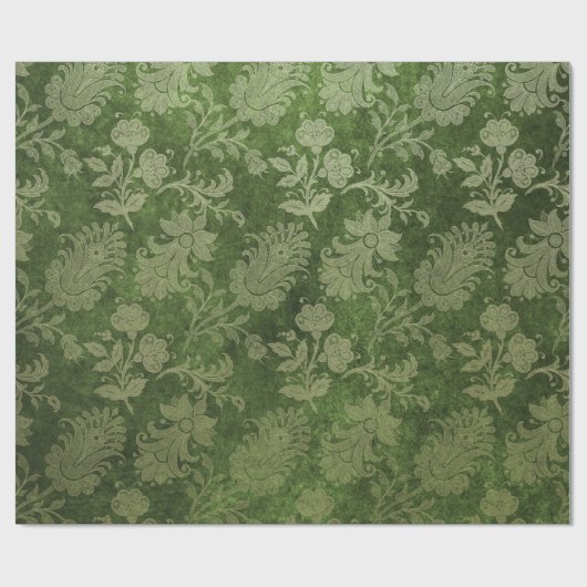 Papier Cadeau Élégant vert damassé motif floral (Plat)