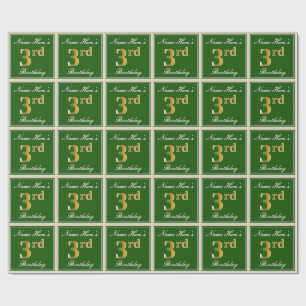 Papier Cadeau Elégant, Vert, Faux Gold 3ème anniversaire + Nom