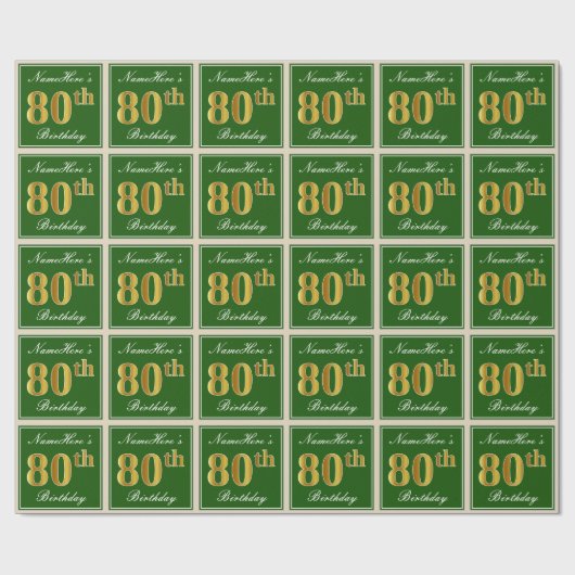 Papier Cadeau Elégant, vert, Faux Gold 80e anniversaire + Nom (Plat)