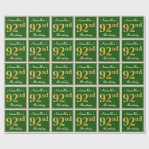 Papier Cadeau Elégant, Vert, Faux Gold 92ème anniversaire + Nom