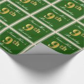 Papier Cadeau Elégant, Vert, Faux Gold 9e anniversaire + Nom (Coin)
