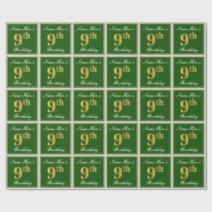 Papier Cadeau Elégant, Vert, Faux Gold 9e anniversaire + Nom