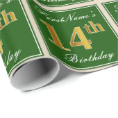 Papier Cadeau Elégant, Vert, Faux Or 14ème Anniversaire + Nom (Coin rond)