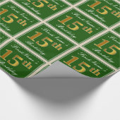 Papier Cadeau Elégant, Vert, Faux Or 15ème anniversaire + Nom (Coin)