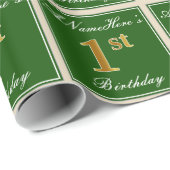 Papier Cadeau Elégant, Vert, Faux Or 1er Anniversaire + Nom (Coin rond)