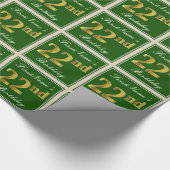 Papier Cadeau Élégant, Vert, Faux Or 22ème anniversaire + Nom (Coin)