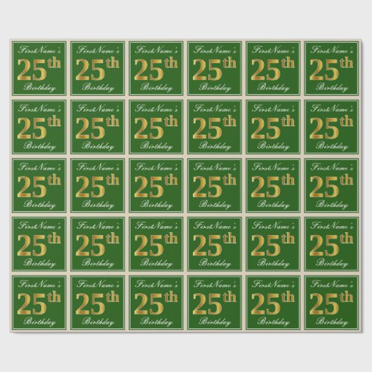 Papier Cadeau Elégant, Vert, Faux Or 25ème Anniversaire + Nom (Plat)