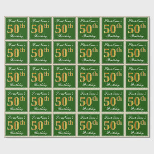 Papier Cadeau Elégant, Vert, Faux Or 50ème Anniversaire + Nom