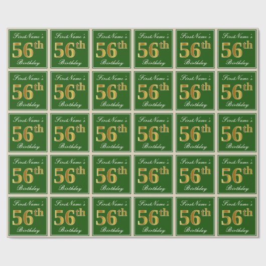 Papier Cadeau Elégant, Vert, Faux Or 56ème Anniversaire + Nom (Plat)