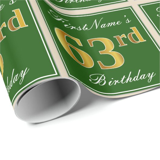 Papier Cadeau Elégant, Vert, Faux Or 63ème anniversaire + Nom (Coin rond)