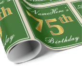 Papier Cadeau Elégant, Vert, Faux Or 75ème Anniversaire + Nom (Coin rond)