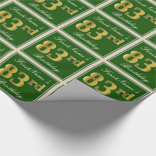 Papier Cadeau Elégant, Vert, Faux Or 83ème anniversaire + Nom (Coin)