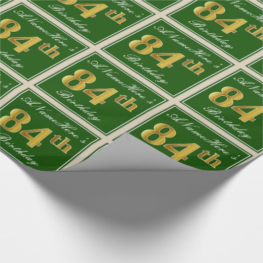 Papier Cadeau Elégant, Vert, Faux Or 84ème Anniversaire + Nom (Coin)