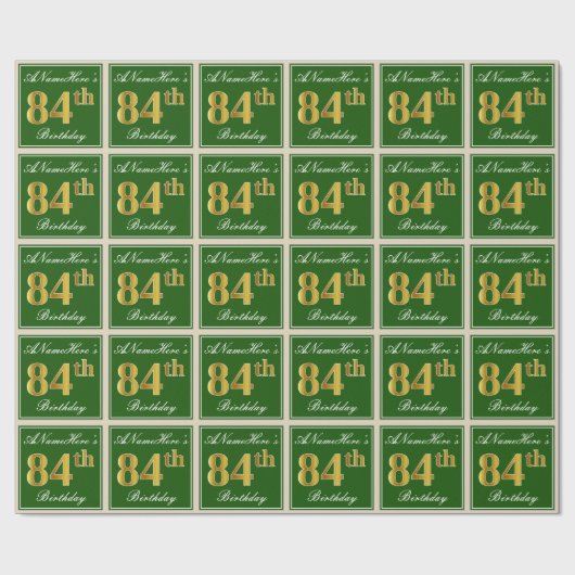 Papier Cadeau Elégant, Vert, Faux Or 84ème Anniversaire + Nom (Plat)