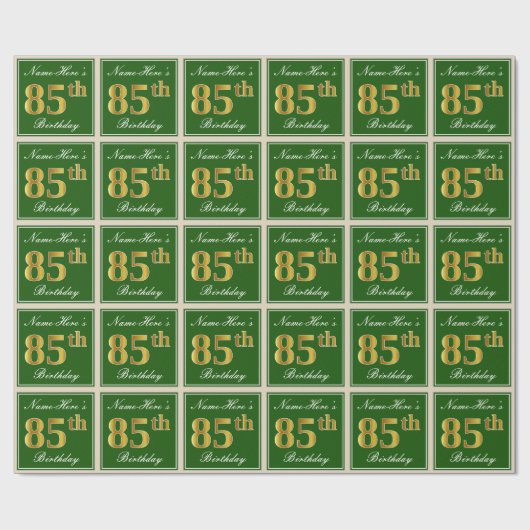 Papier Cadeau Elégant, Vert, Faux Or 85ème Anniversaire + Nom (Plat)