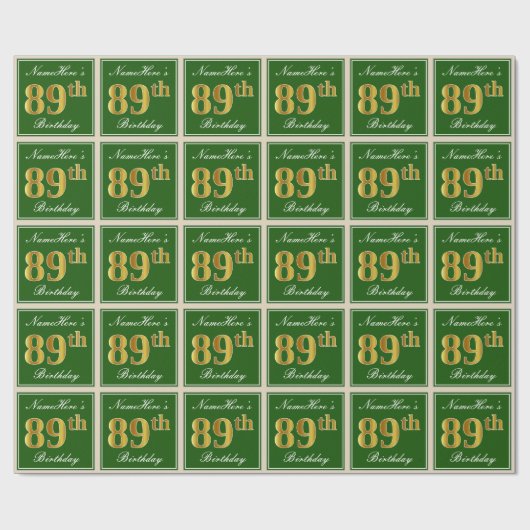 Papier Cadeau Elégant, Vert, Faux Or 89ème Anniversaire + Nom (Plat)