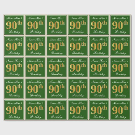 Papier Cadeau Elégant, Vert, Faux Or 90ème Anniversaire + Nom (Plat)