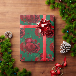 Papier Cadeau Élégant Vert Floral Roses vacances
