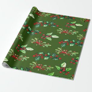Papier Cadeau Élégant vert Noël houx baies vacances
