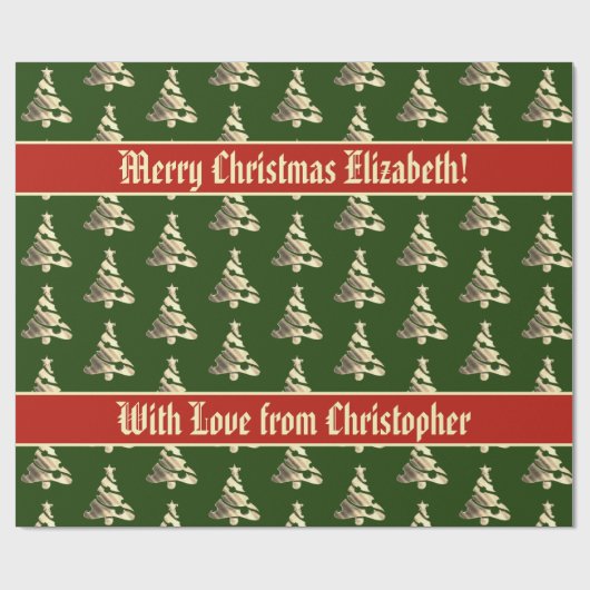 Papier Cadeau Élégant Vert Rouge Faux Or Arbre de Noël Motif (Plat)