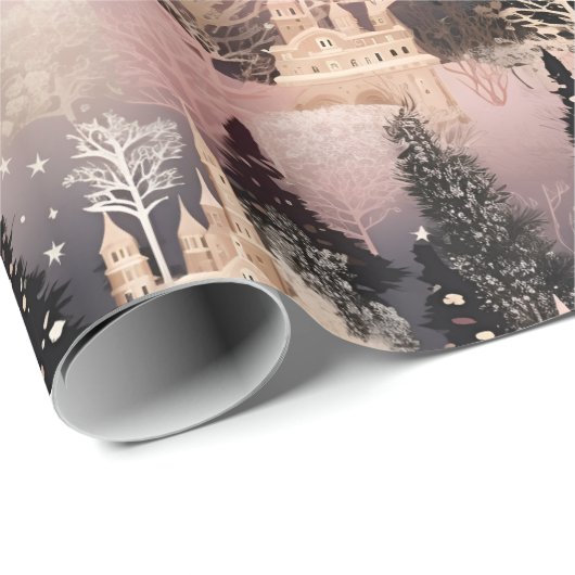 Papier Cadeau Élégant village de Noël rose et noir (Coin rond)