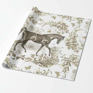 Papier Cadeau Elégant Vintage Rustique Cheval Beige Toile Floral