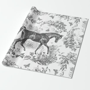 Papier Cadeau Elégant Vintage Rustique Cheval Noir Toile Florale