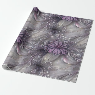 Papier Cadeau Élégant violet et gris floral, perles et lumière