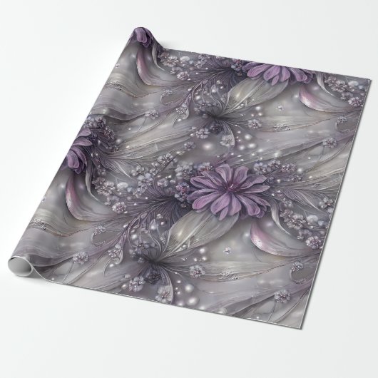 Papier Cadeau Élégant violet et gris floral, perles et lumière (Déroulé)