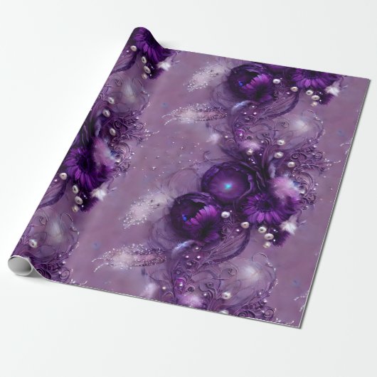 Papier Cadeau Élégant violet floral, argenté et perle (Déroulé)