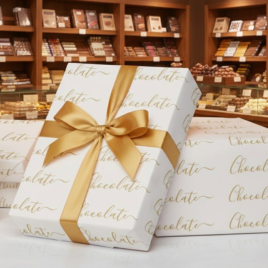 Papier Cadeau Elegant White Gold Script Chocolate Business
