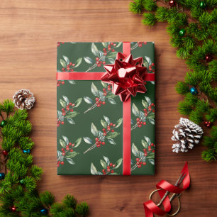 Papier Cadeau Elégante aquarelle de Noël Botanique Rouge Vert