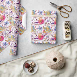 Papier Cadeau Elégante aquarelle fleurie rose et blanc
