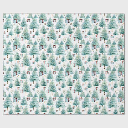 Papier Cadeau Elégante aquarelle Turquoise Arbres de Noël avec c (Plat)