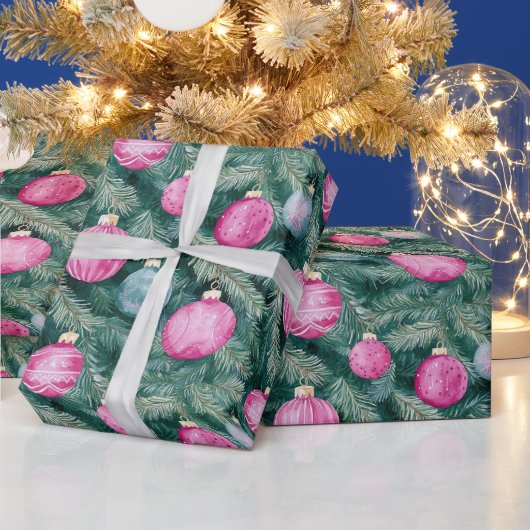 Papier Cadeau Élégante billes de Noël rose turquoise (Vacances)