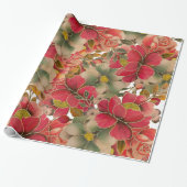 Papier Cadeau Elégante corail rouge vert or aquarelle fleurie (Déroulé)