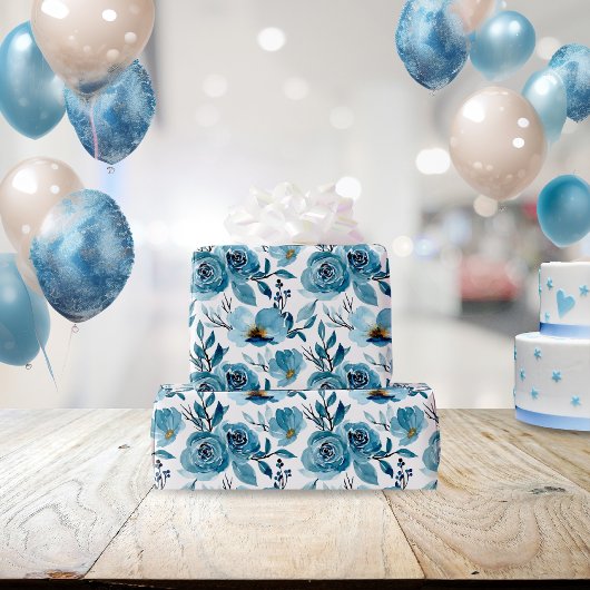 Papier Cadeau Elégante couleur bleu bleu blanc floral