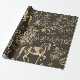 Papier Cadeau Élégante Crème Vintage Cheval Brown Motif Floral