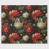 Papier Cadeau Élégante décolpage de Noël rouge et crème florale (Plat)