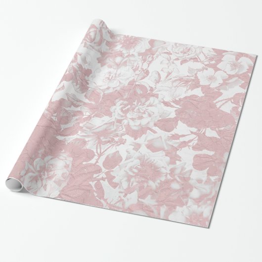 Papier Cadeau Elégante dentelle florale blanche de corail rose e (Déroulé)