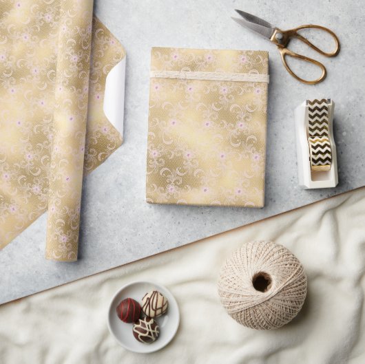 Papier Cadeau Elégante dentelle florale rose et or (Artisanat)