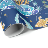 Papier Cadeau Elégante dorée brillant bleu sous la mer (Coin rond)