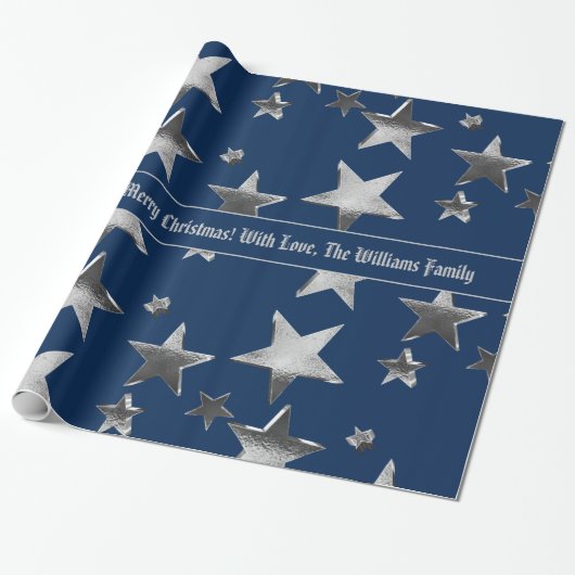 Papier Cadeau Elégante Faux Silver Stars Motif Bleu Noël (Déroulé)