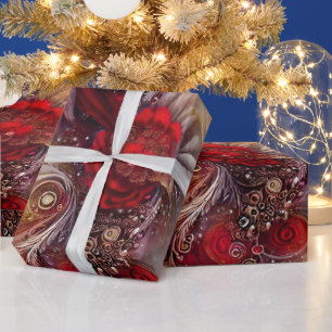 Papier Cadeau Elégante Flore Rouge Plumes dorées perlées