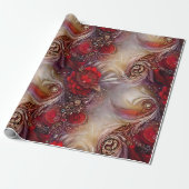 Papier Cadeau Elégante Flore Rouge Plumes dorées perlées (Déroulé)