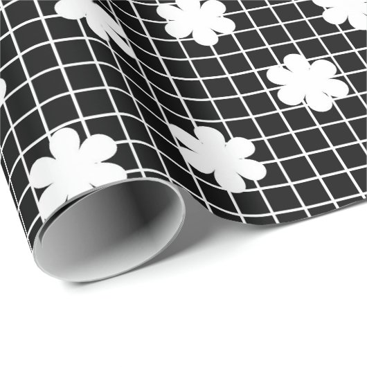 Papier Cadeau Élégante grille florale noire et blanche (Coin rond)
