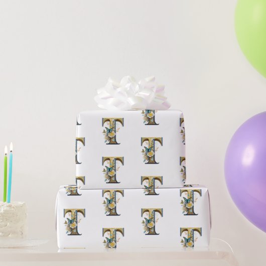 Papier Cadeau Élégante lettre florale bohème T (Cadeaux de fête)