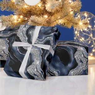 Papier Cadeau Elégante Marine Blue & Silver Parties scintillant